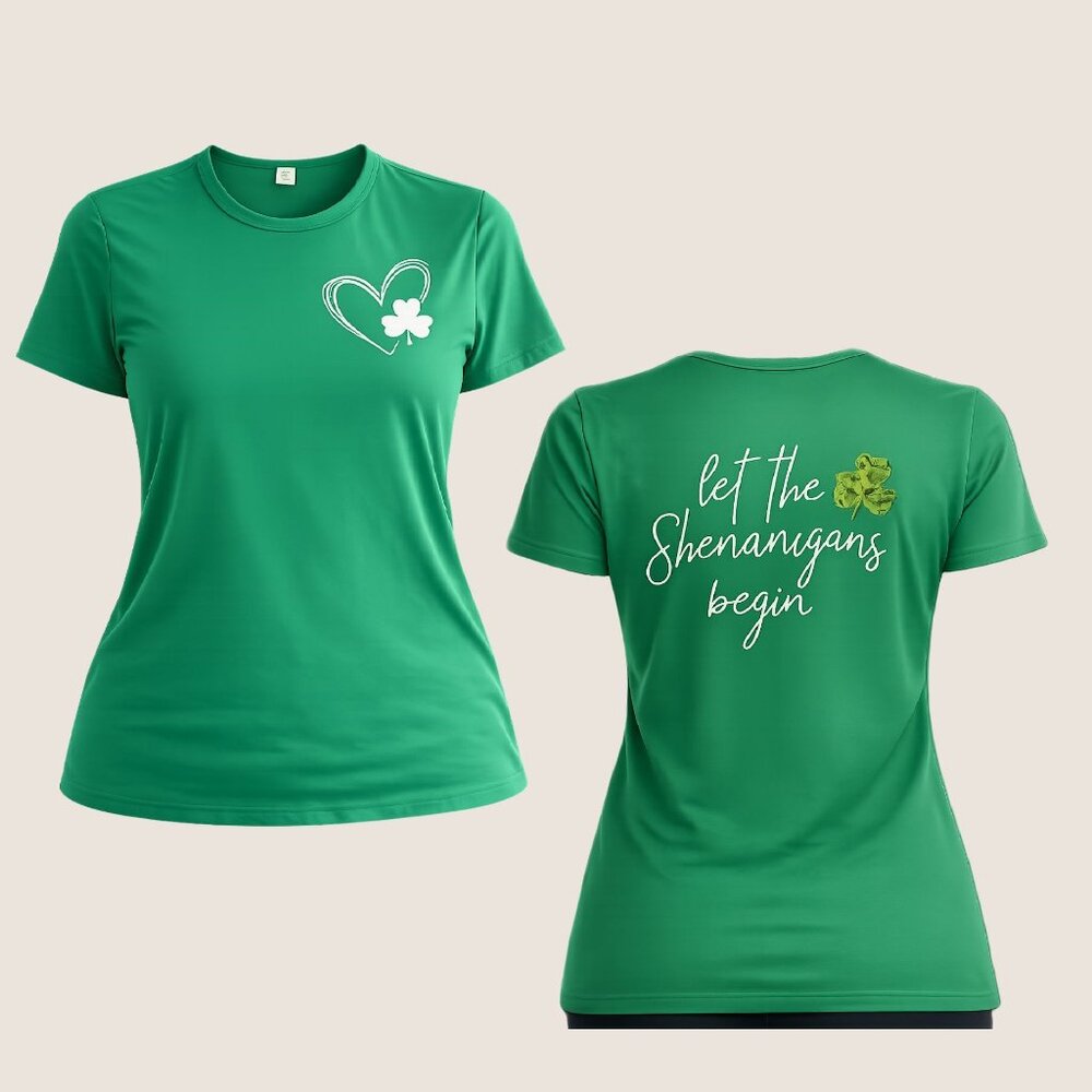 St Patricks Day Shirt Womens L Green Let The Shenanigans Begin Tee 2 Sided